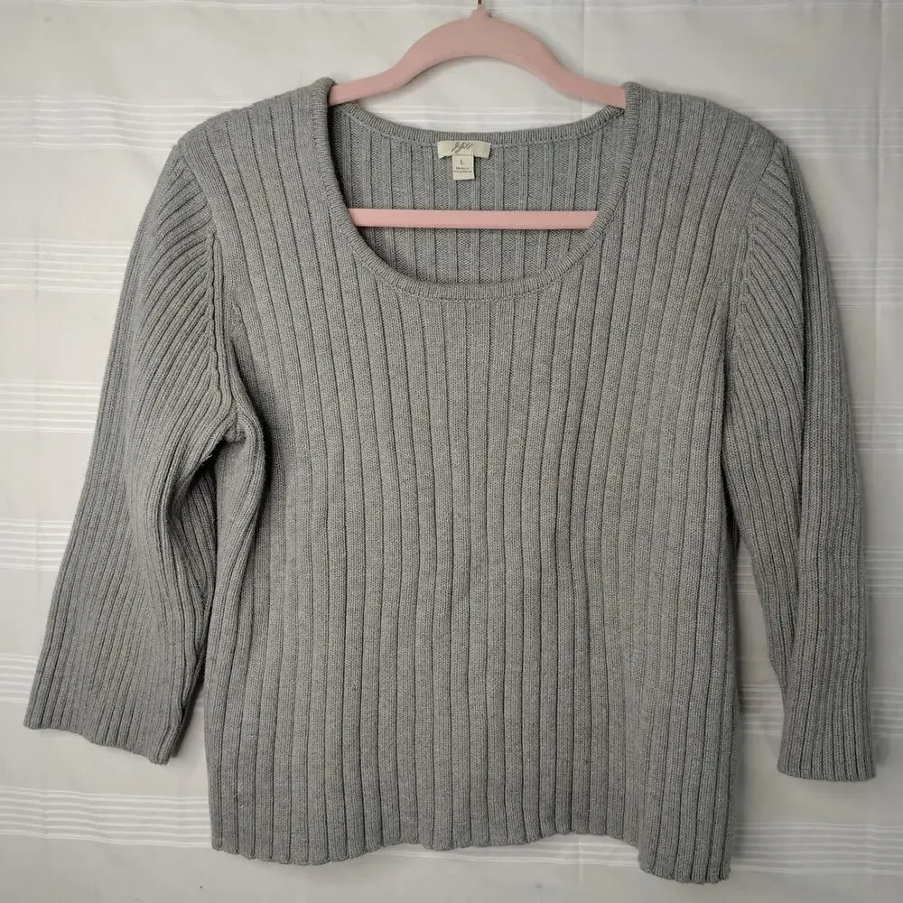 J. Jill Pull Over Ribbed Sweater 3/4 Sleeve Gray Women's Size Large‎ 100% Cotton